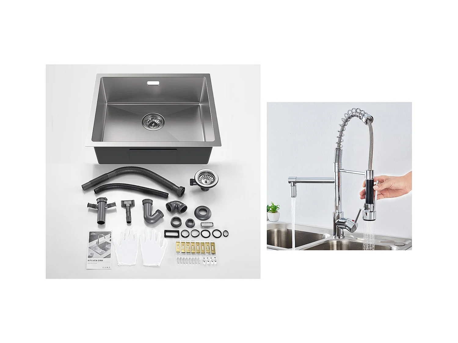 2 en1 Évier de Cuisine 1 Bac 55*44*19CM, à Encastrer/Fleur/ Sous-Plan, Brossé+Robinet Cuisine Rotatif 360°  avec Douchette Extractible,Chromé