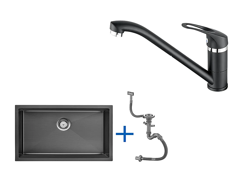 Évier de Cuisine 1 Bac 70*44*19CM,à Encastrer/Fleur/Sous-Plan,Siphon/Trop-Plein+Robinet Cuisine,Orientable 360°,Eau Chaude/Froide,Noir