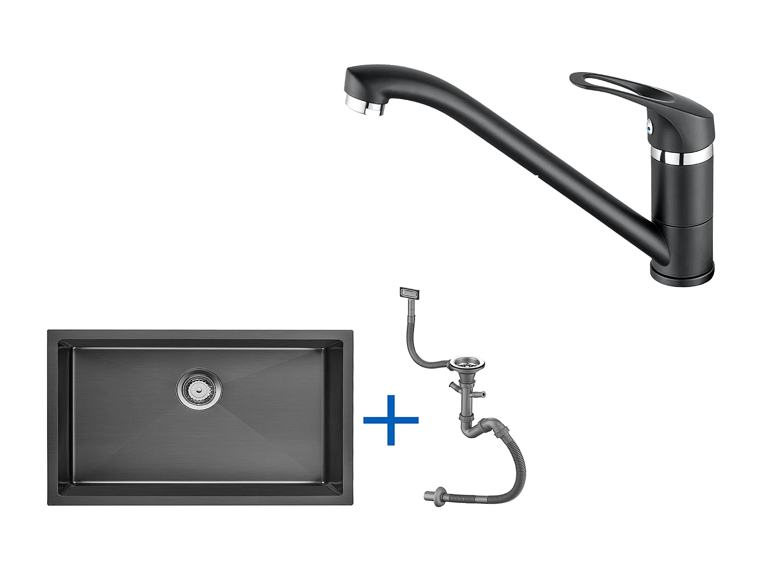 Fregadero Cocina 1 Bandeja 70*44*19CM,para Empotrar/Fleur/Sous-Plano,Sifón/Trop-Plein+Grifo Cocina,Orientable 360°,Agua Caliente/Fría,Negro