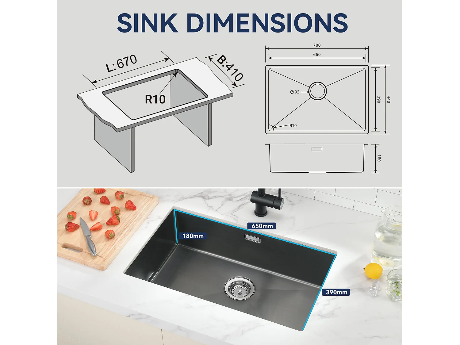 Fregadero Cocina 1 Bandeja 70*44*19CM,para Empotrar/Fleur/Sous-Plano,Sifón/Trop-Plein+Grifo Cocina,Orientable 360°,Agua Caliente/Fría,Negro