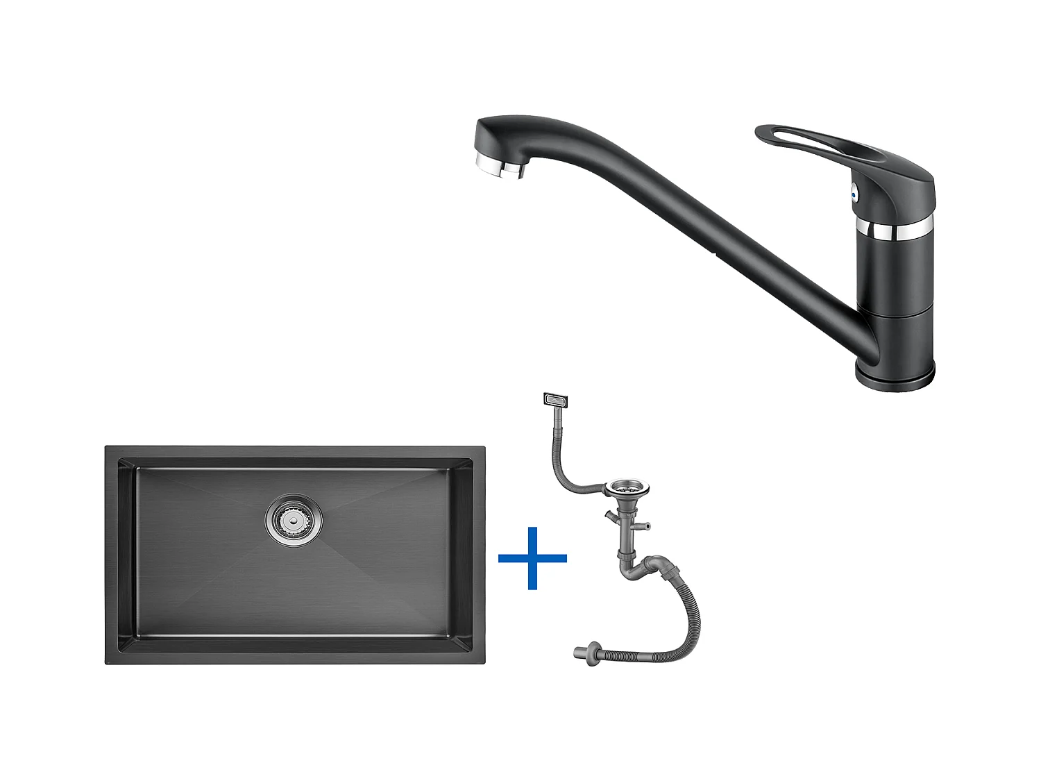Évier de Cuisine 1 Bac 70*44*19CM,à Encastrer/Fleur/Sous-Plan,Siphon/Trop-Plein+Robinet Cuisine,Orientable 360°,Eau Chaude/Froide,Noir
