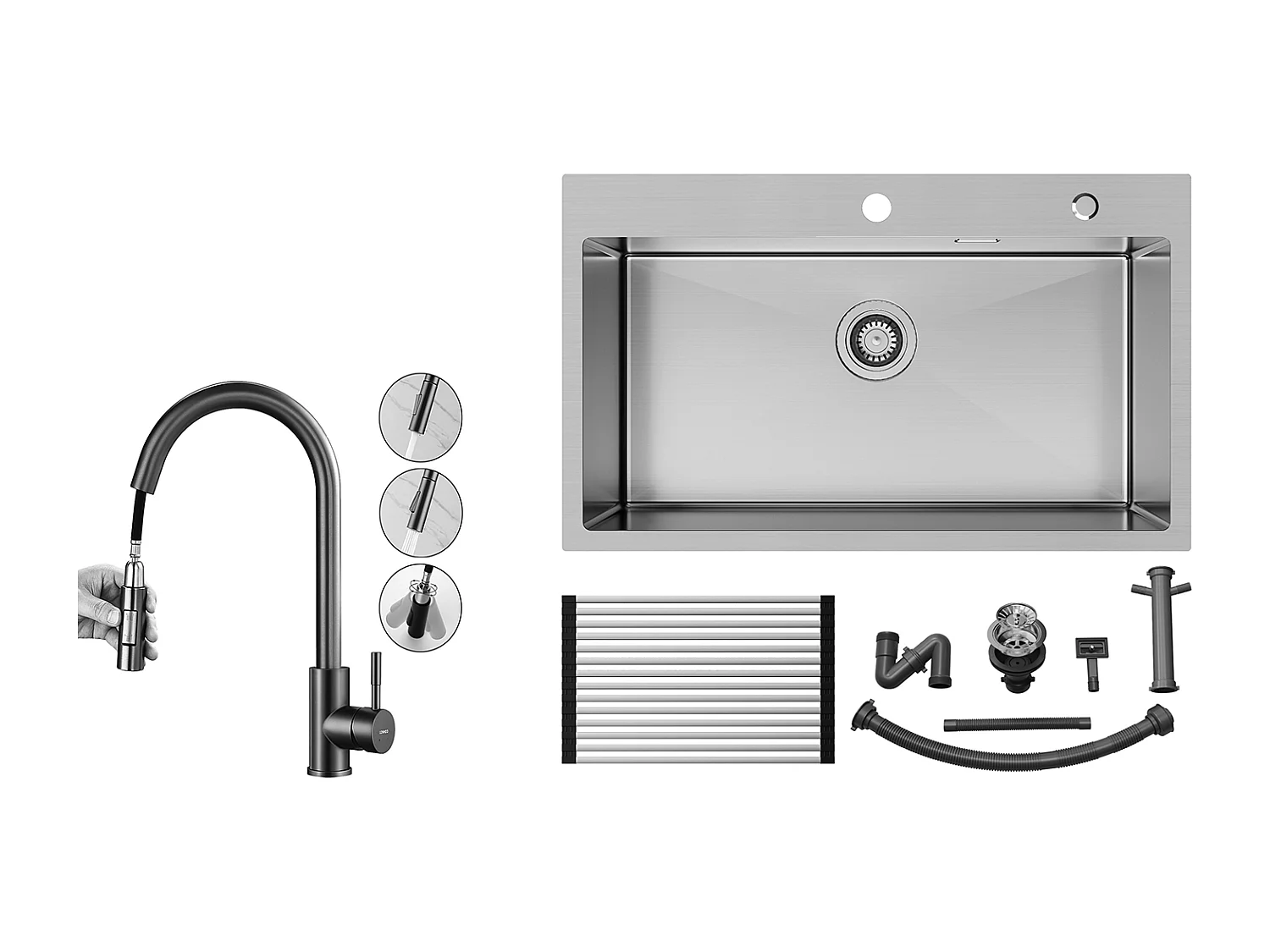 Auralum MAX Aanrecht 1 Bak Geborsteld RVS75*45*19CM-Spoelbak met Opvouwbare Afdruiprek+Mengkraan Keuken met Uittrekbare Handdouche,Grijs, 360 ° Draaibaar
