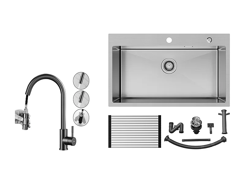 Auralum MAX Évier Cuisine 1 Cuve Inox Brossé75*45*19CM-Évier avec Égouttoir pliable+Mitigeur Cuisine avec Douchette Extractible,Gris ,Rotatif 360 °