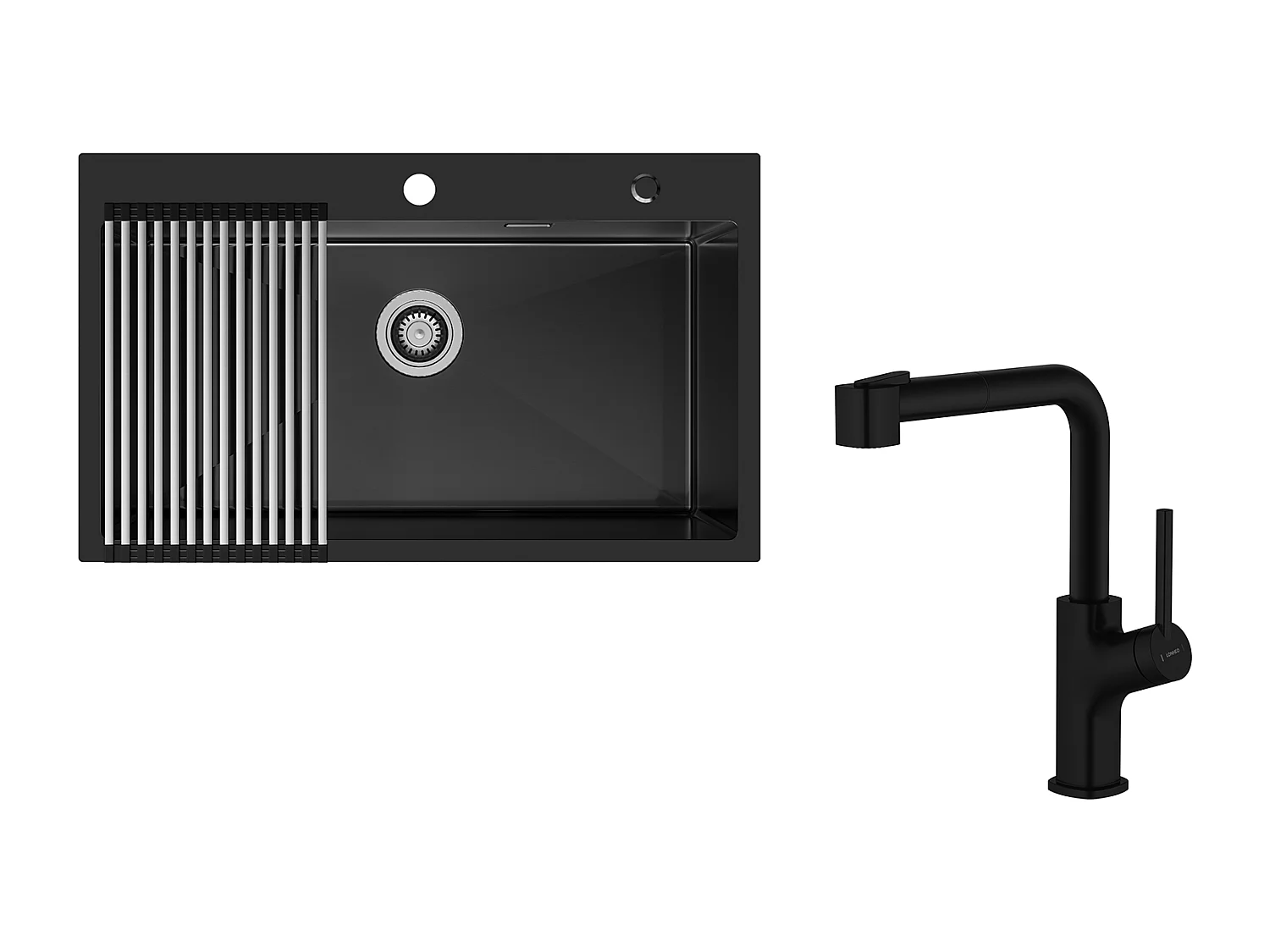 Auralum MAX Aanrecht 1 Bak 75 x 45 cm, Zwarte RVS Spoelbak met Opvouwbare Afdruiprek，+Zwarte Keukenkraan met Uittrekbare Handdouche,Twee Jets