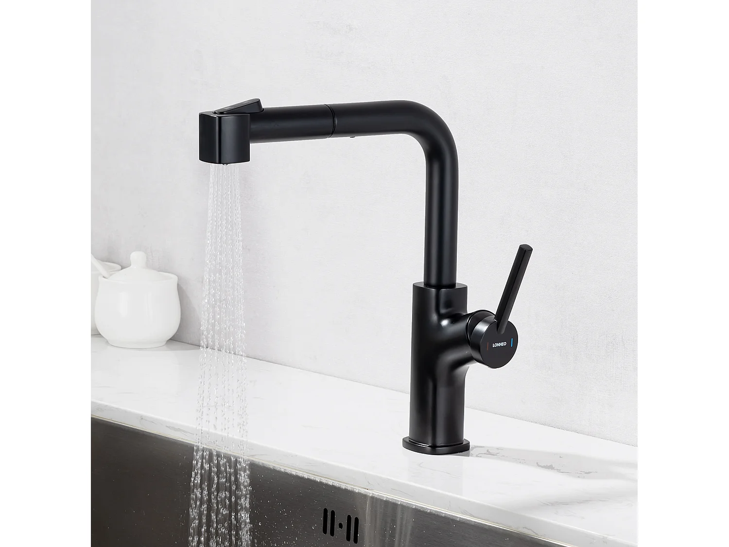 Auralum MAX Aanrecht 1 Bak 75 x 45 cm, Zwarte RVS Spoelbak met Opvouwbare Afdruiprek，+Zwarte Keukenkraan met Uittrekbare Handdouche,Twee Jets