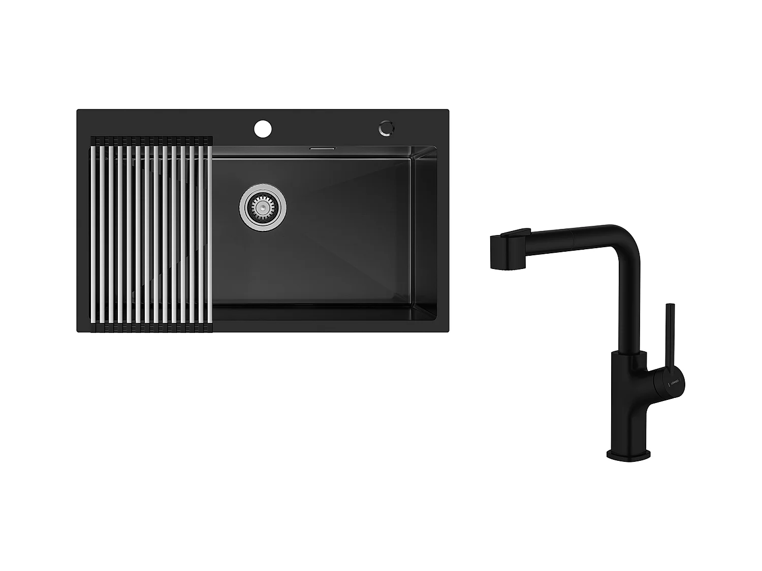 Auralum MAX Évier de Cuisine 1 Bac 75 x 45 cm,Évier Inox Noir avec Égouttoir Pliable，+Robinet de Cuisine Noir avec Douchette Extractible,Deux Jets