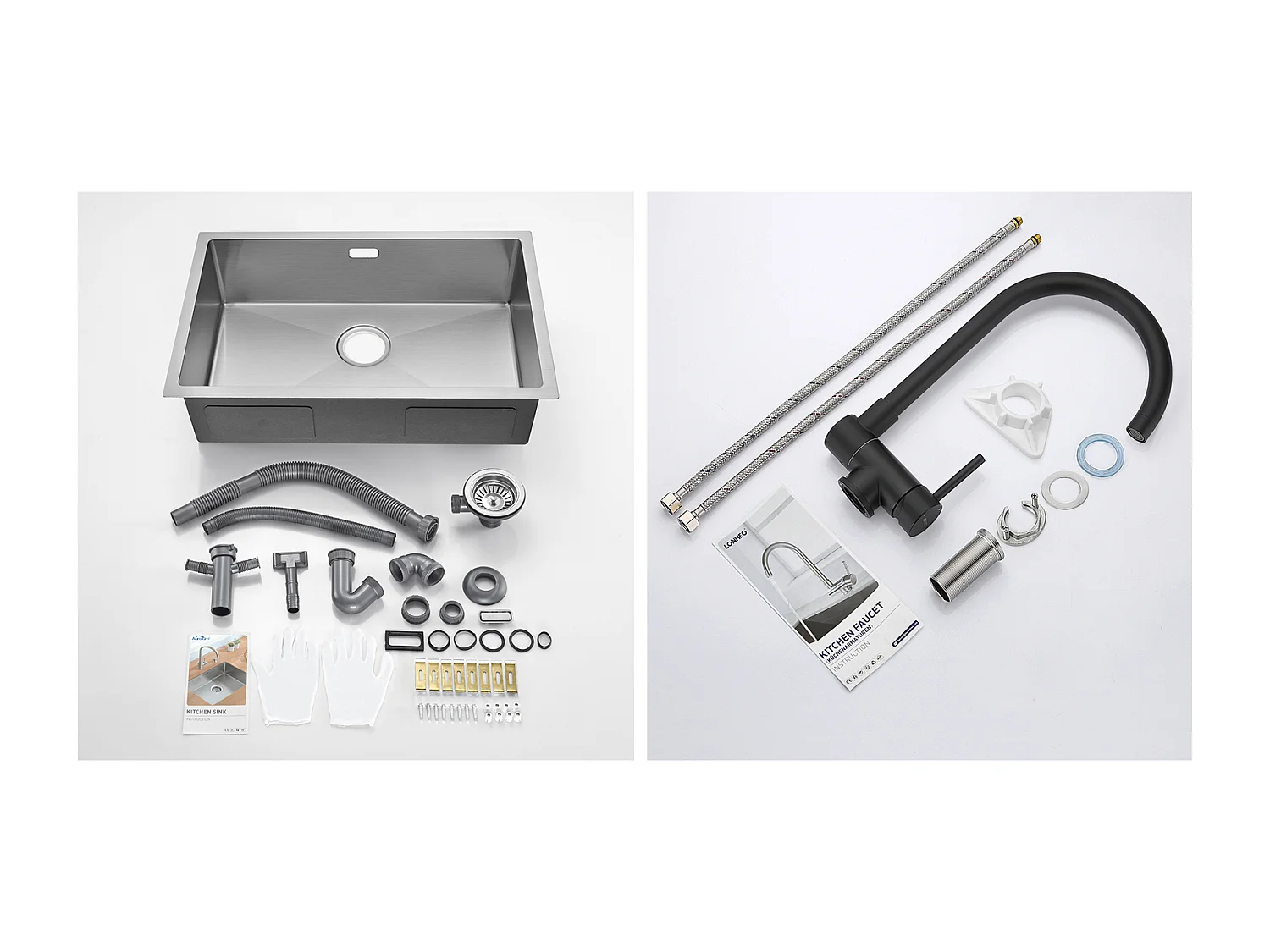 Évier Cuisine 1 Bac 70*44*19CMà Encastrer/Fleur/Sous-Plan,avec Siphon/Trop-Plein+Mitigeur Cuisine en Acier Inox 304 Rabattable Pivotant à 360°Noir