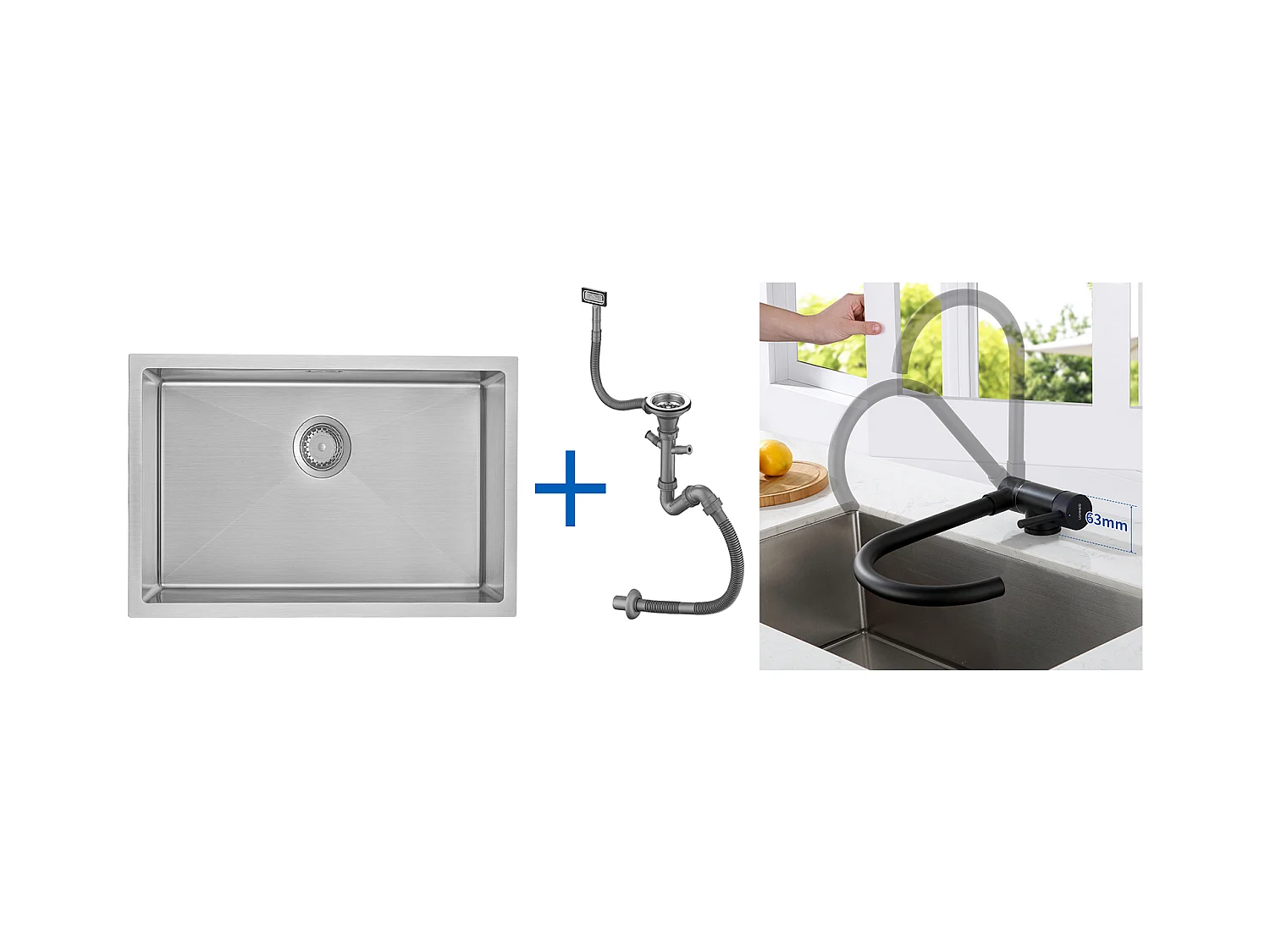 Évier Cuisine 1 Bac 70*44*19CMà Encastrer/Fleur/Sous-Plan,avec Siphon/Trop-Plein+Mitigeur Cuisine en Acier Inox 304 Rabattable Pivotant à 360°Noir