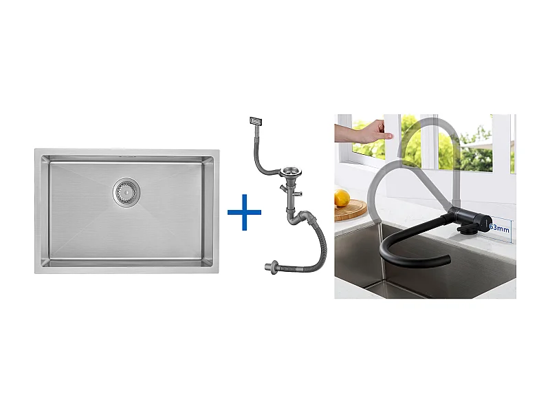 Aanrecht 1 Bak 70*44*19CMInbouw/Bloei/Ondergrond,met Sifon/Overloop+RVS 304 RVS Keukenmengkraan Opklapbaar 360° DraaibaarZwart