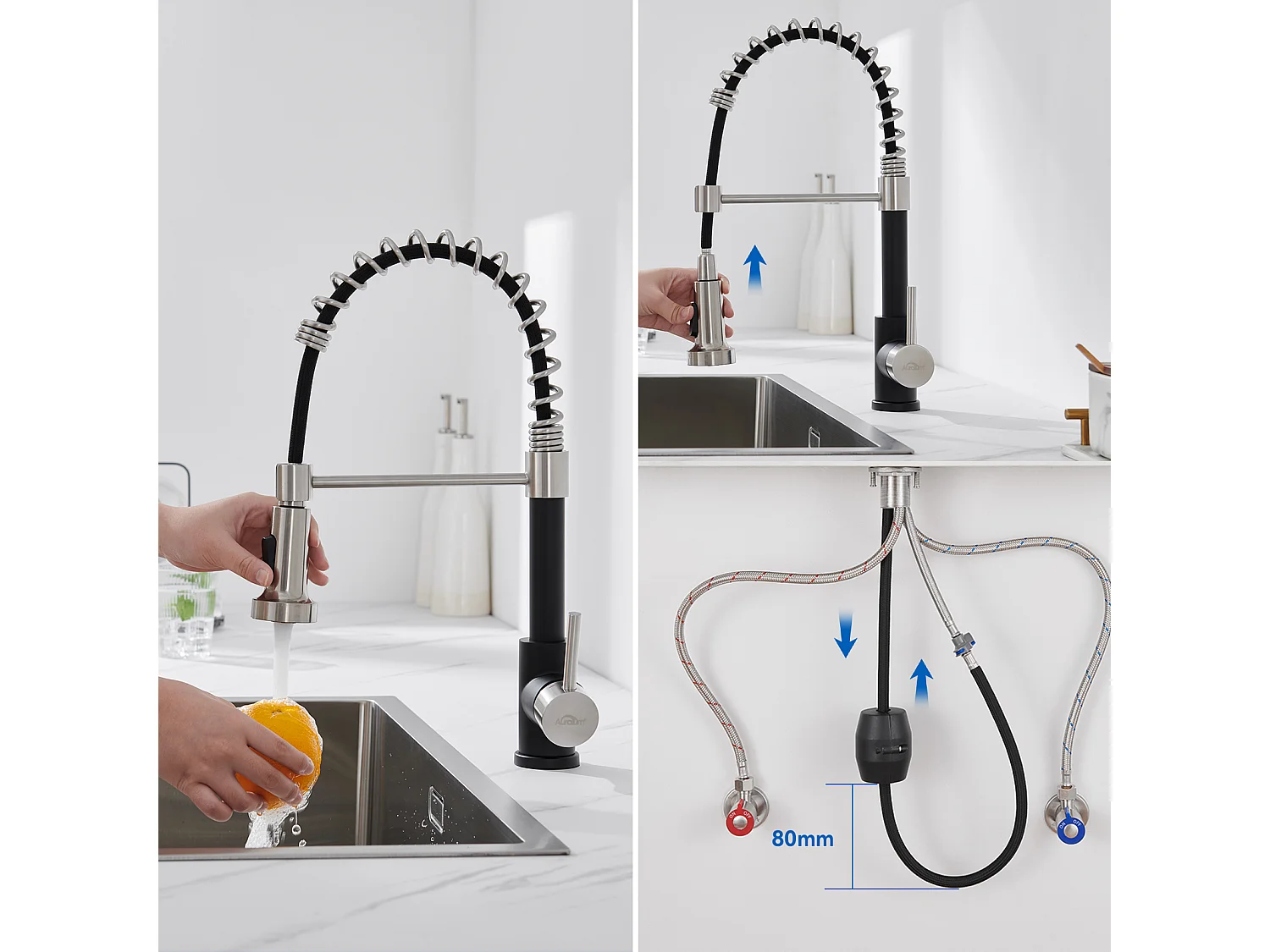 Auralum MAX Évier de Cuisine 1 Bac 75 x 45 cm,Évier Inox Noir avec Égouttoir Pliable+Robinet Cuisine Ressort avec Douchette Extensible,2 Modes,Noir