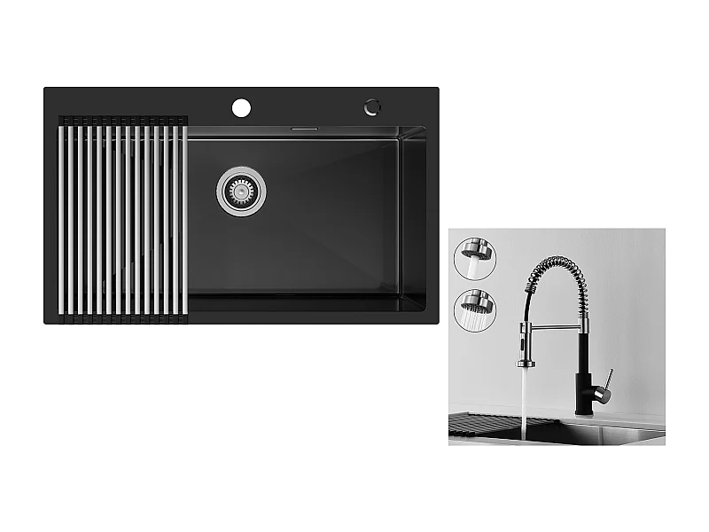 Auralum MAX Aanrecht 1 Bak 75 x 45 cm, Zwart RVS Gootsteen met Opvouwbare Afdruiprek+Veer Keukenkraan met Uitschuifbare Handdouche,2 Modi,Zwart