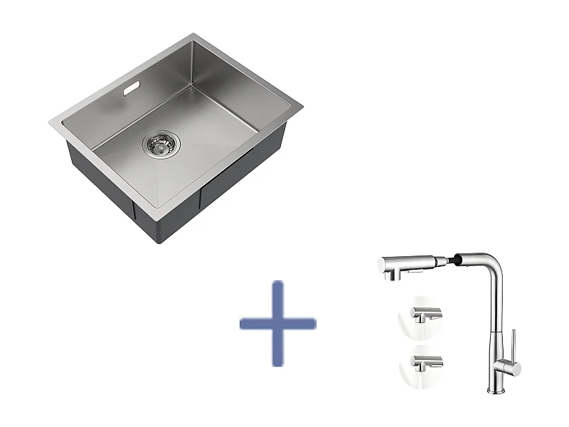 2 en1 Évier de Cuisine 1 Bac 55*44*19CM, à Encastrer/Fleur/ Sous-Plan, Brossé+Mitigeur Cuisine avec Douchette Extractible Rotatif 360°,Brossé