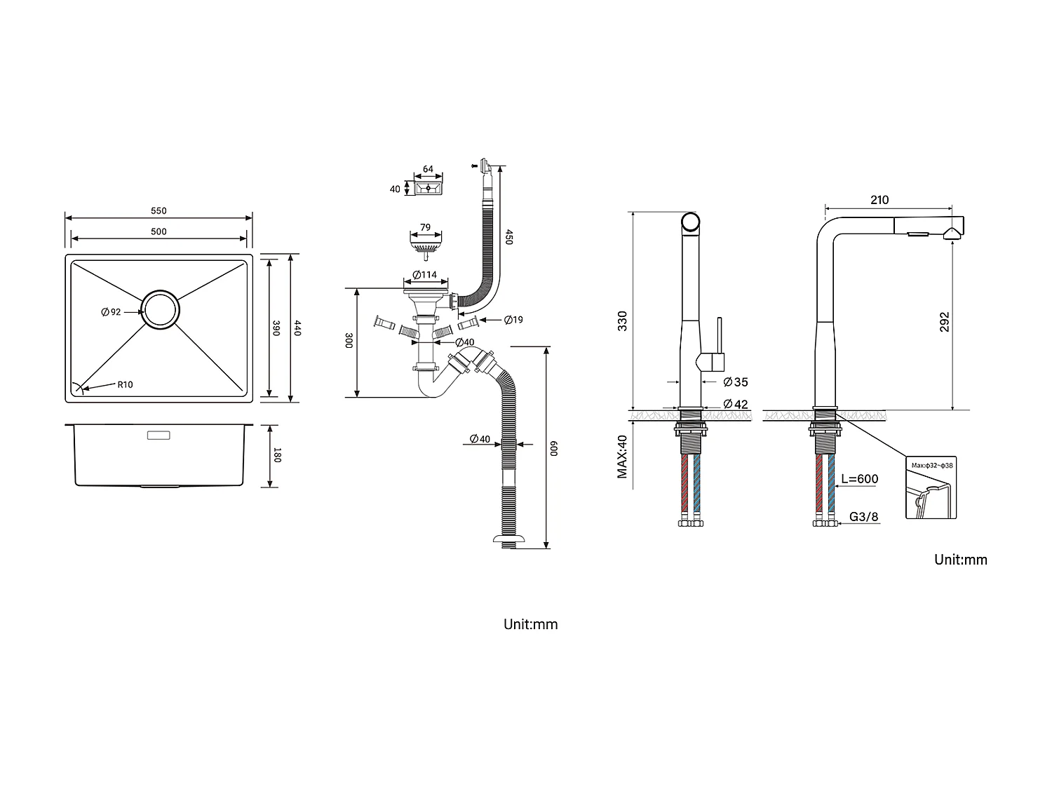2 en1 Évier de Cuisine 1 Bac 55*44*19CM, à Encastrer/Fleur/ Sous-Plan, Brossé+Mitigeur Cuisine avec Douchette Extractible Rotatif 360°,Brossé