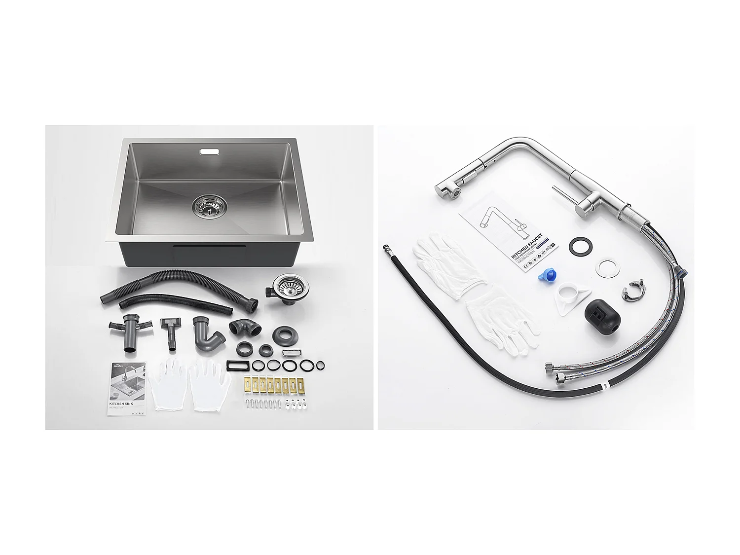2 en1 Évier de Cuisine 1 Bac 55*44*19CM, à Encastrer/Fleur/ Sous-Plan, Brossé+Mitigeur Cuisine avec Douchette Extractible Rotatif 360°,Brossé