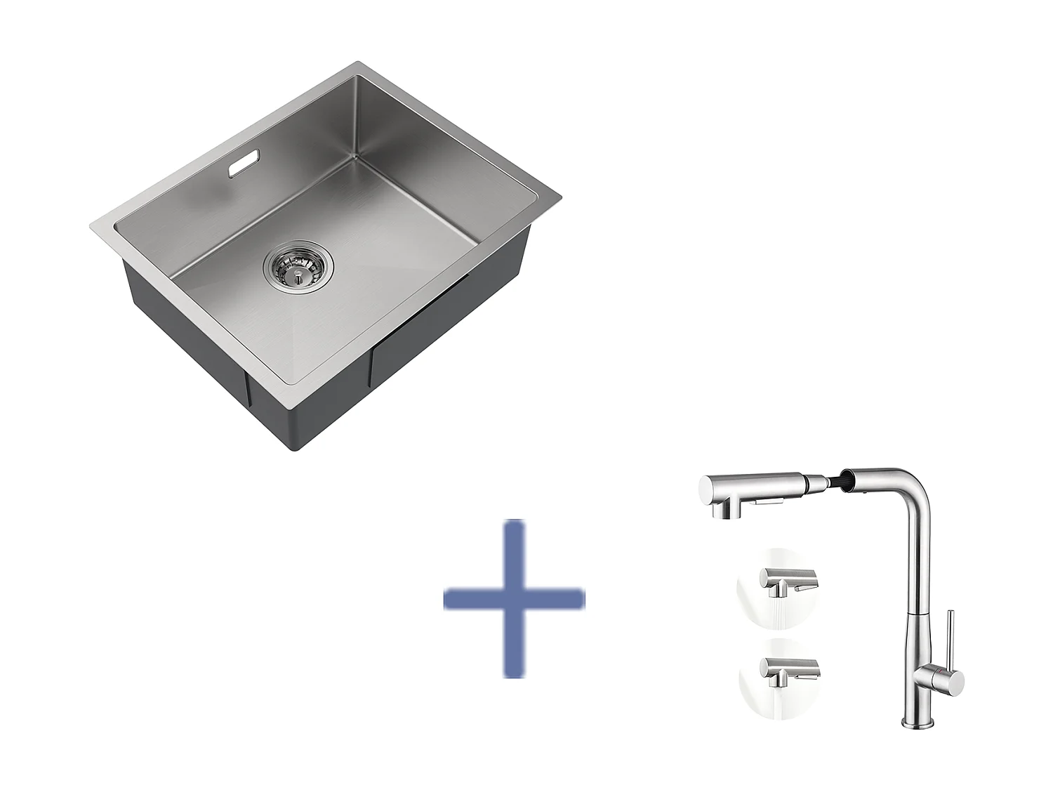 2 en1 Évier de Cuisine 1 Bac 55*44*19CM, à Encastrer/Fleur/ Sous-Plan, Brossé+Mitigeur Cuisine avec Douchette Extractible Rotatif 360°,Brossé