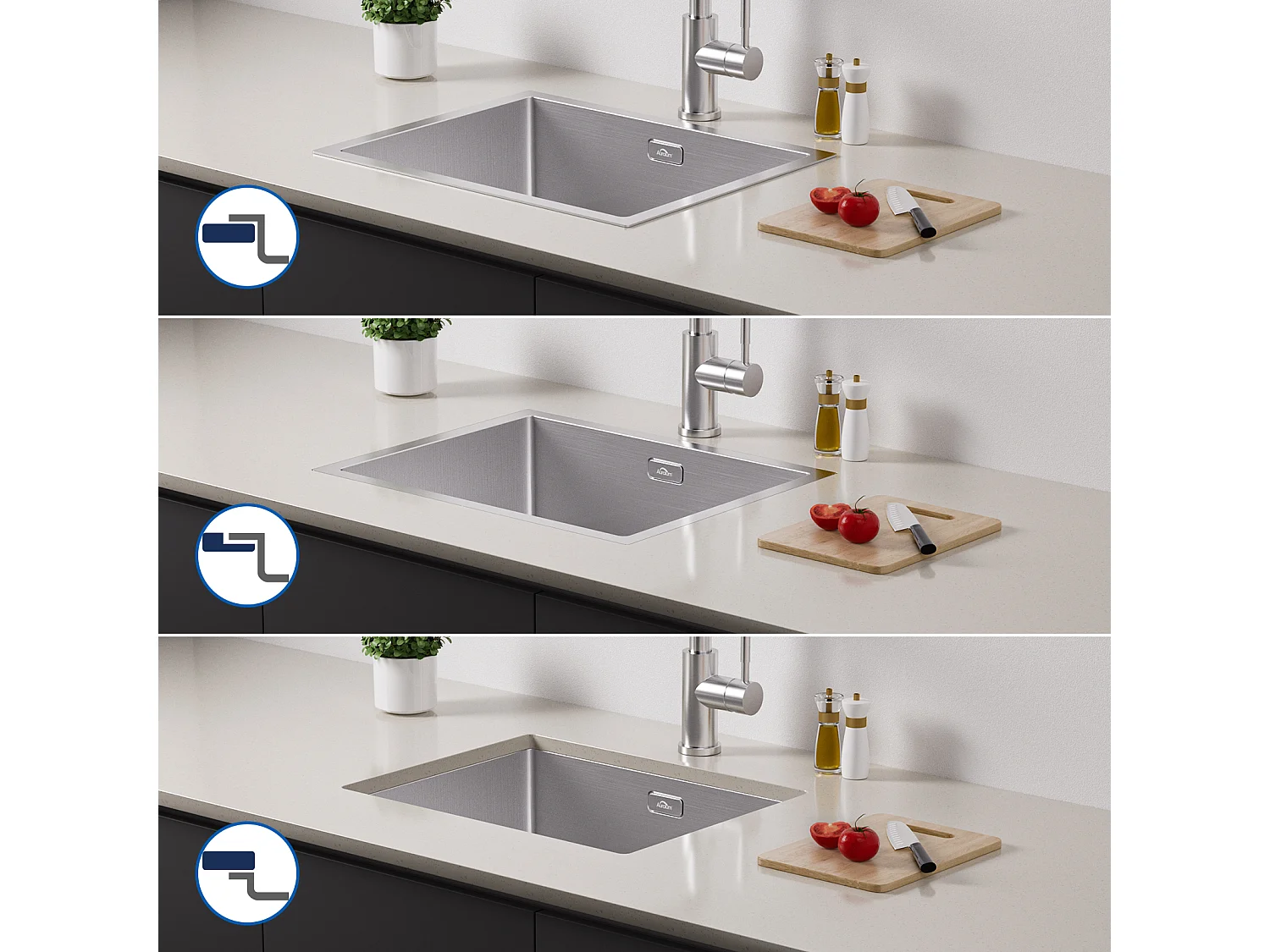 2 en1 Évier de Cuisine 1 Bac 55*44*19CM, à Encastrer/Fleur/ Sous-Plan, Brossé+Mitigeur Cuisine avec Douchette Extractible Rotatif 360°,Brossé