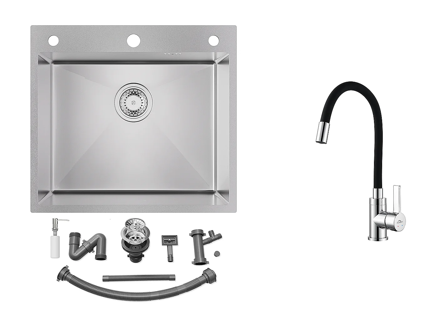 Evier Cuisine 54*49*20 CM,à Encastrer/à Fleur de Plan avec Distributeur Savon,Argent+Robinet de Cuisine Flexible Bec Haut Orientable