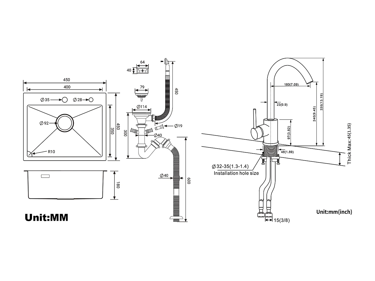 Évier Cuisine Noir  1 Bac 45x45CM Acier Inoxydable 304 ,encastré et à Poser+Robinet Cuisine Rotatif 360°Eau Froide Chaude,Noir avec points blancs