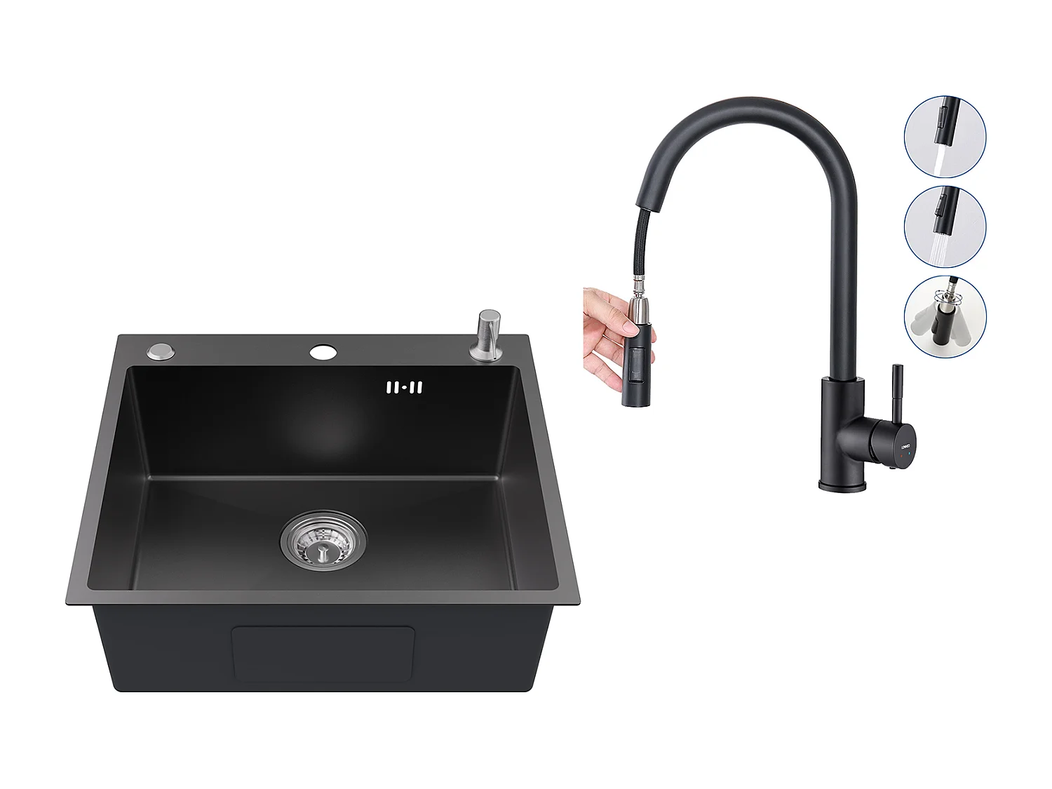 Evier Cuisine 1Bac 54*49*20 CM,Inox,Noir Gris,Evier avec Distributeur Savon+Robinet Cuisine avec Douchette,Mitigeur EVIER Extractible,Noir