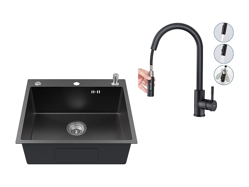 Fregadero Cocina 1 Cuba 54*49*20 CM,en Inox,Gris Negro, con Dispensador de Jabón+Grifo Cocina con Ducha,Mezclador EVIER Extractible,Negro