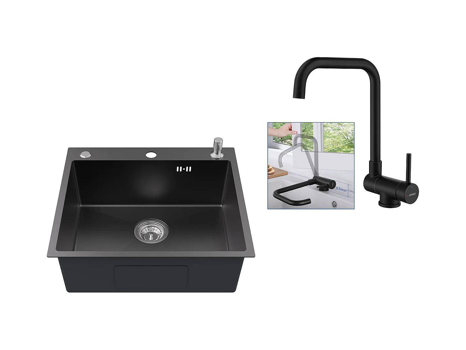Lavello Cucina 1 vasca  54*49*20 CM,Inox,Grigio Nero,Lavello 1 vasca  con Distributore Sapone+Miscelatore Cucina Pieghevole Girevole 360°,Nero