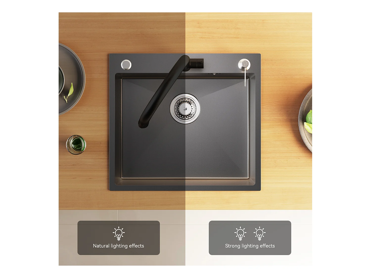 Lavello Cucina 1 vasca  54*49*20 CM,Inox,Grigio Nero,Lavello 1 vasca  con Distributore Sapone+Miscelatore Cucina Pieghevole Girevole 360°,Nero