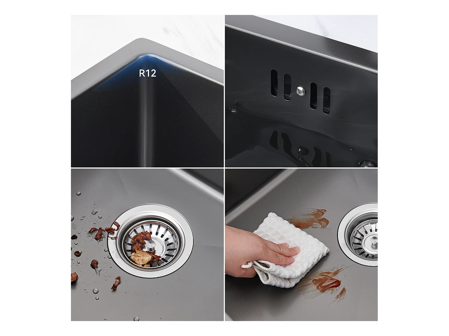 Lavello Cucina 1 vasca  54*49*20 CM,Inox,Grigio Nero,Lavello 1 vasca  con Distributore Sapone+Miscelatore Cucina Pieghevole Girevole 360°,Nero