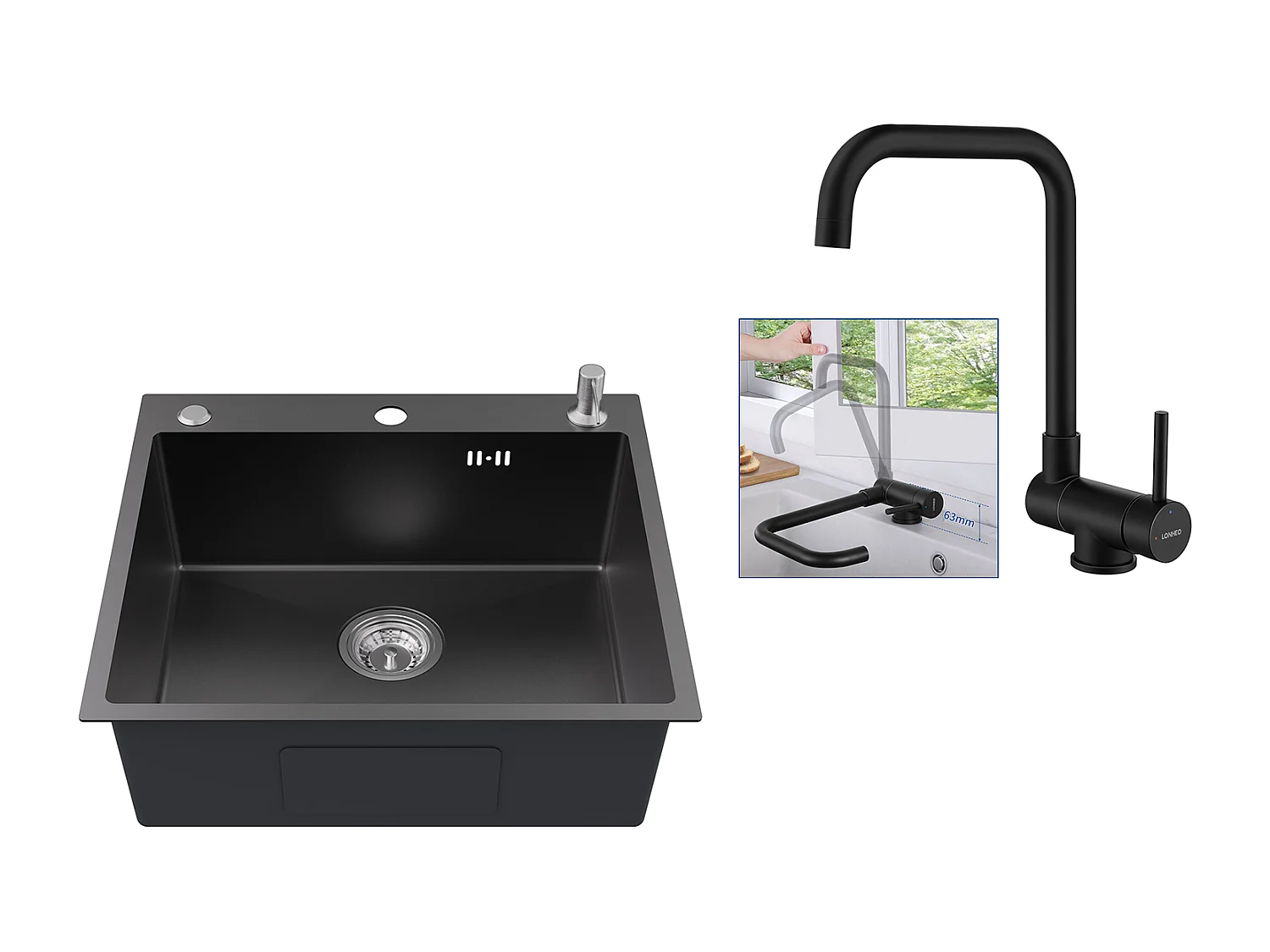 Evier Cuisine 1Bac 54*49*20 CM,Inox,Noir Gris,Evier 1Cuve avec Distributeur Savon+Mitigeur Cuisine Rabattable Pivotant 360° Eau froid Chaud,Noir