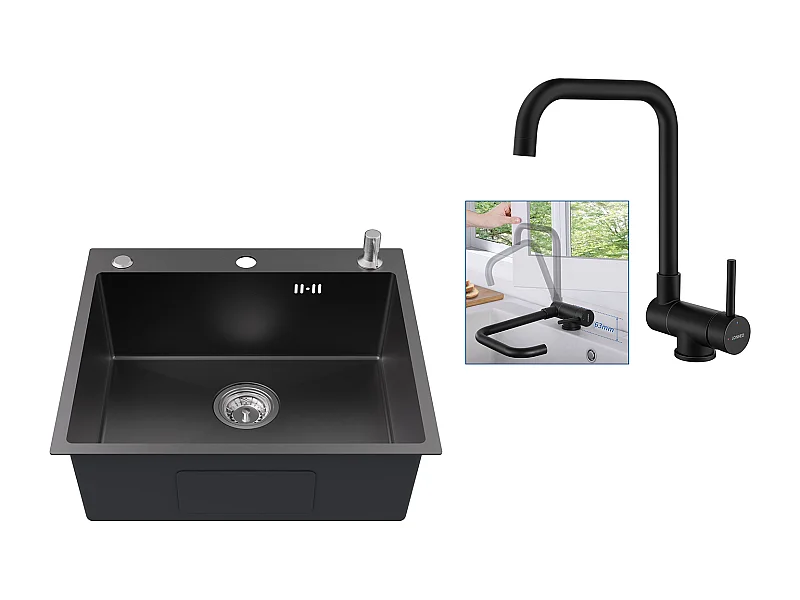 Evier Cuisine 1Bac 54*49*20 CM,Inox,Noir Gris,Evier 1Cuve avec Distributeur Savon+Mitigeur Cuisine Rabattable Pivotant 360° Eau froid Chaud,Noir