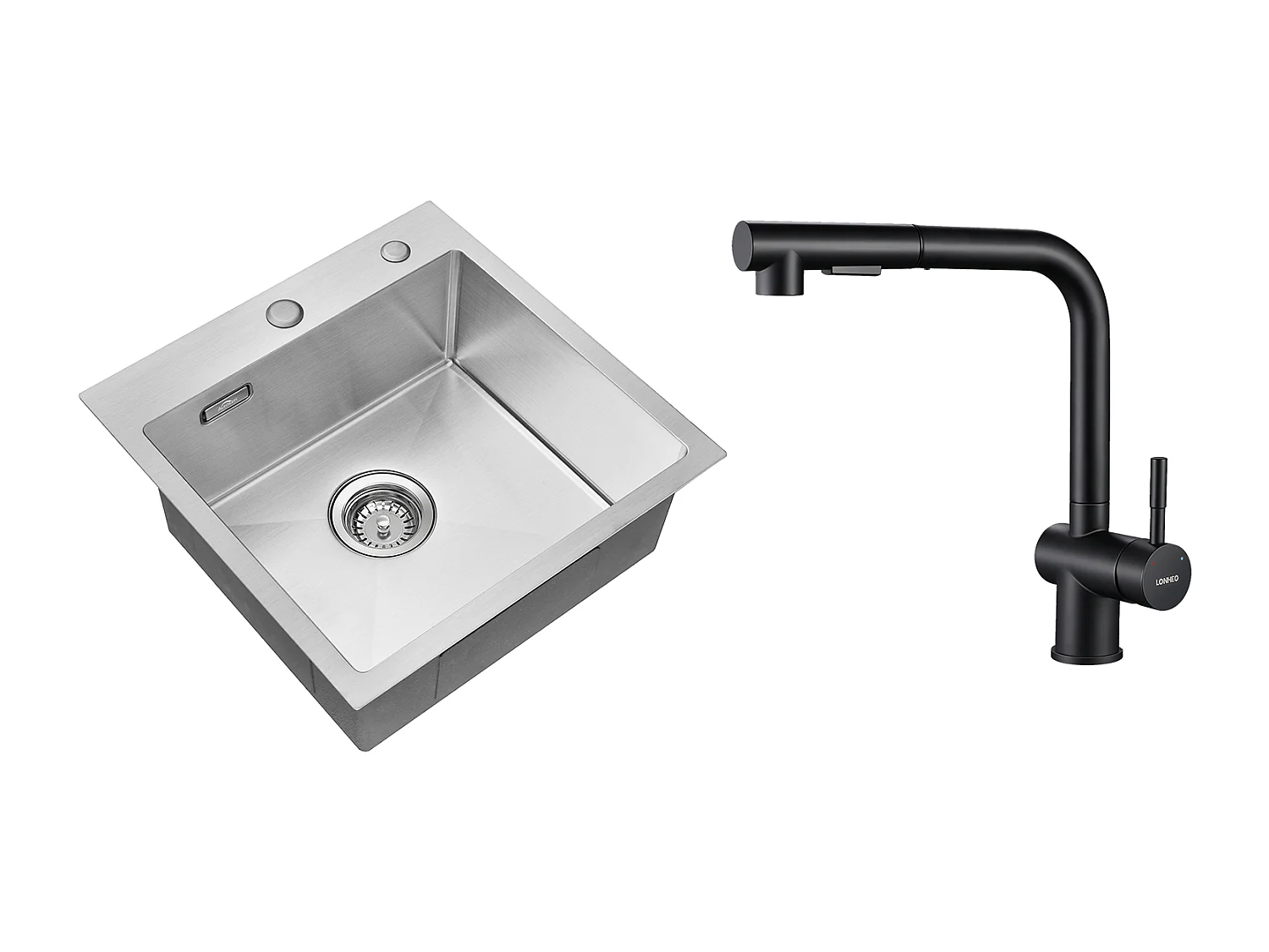 Évier Cuisine 1 Bac 45x45CM Acier Inoxydable 304 ,encastré et à Poser + Robinet de Cuisine Noir Douchette Extractible à 2 Jets