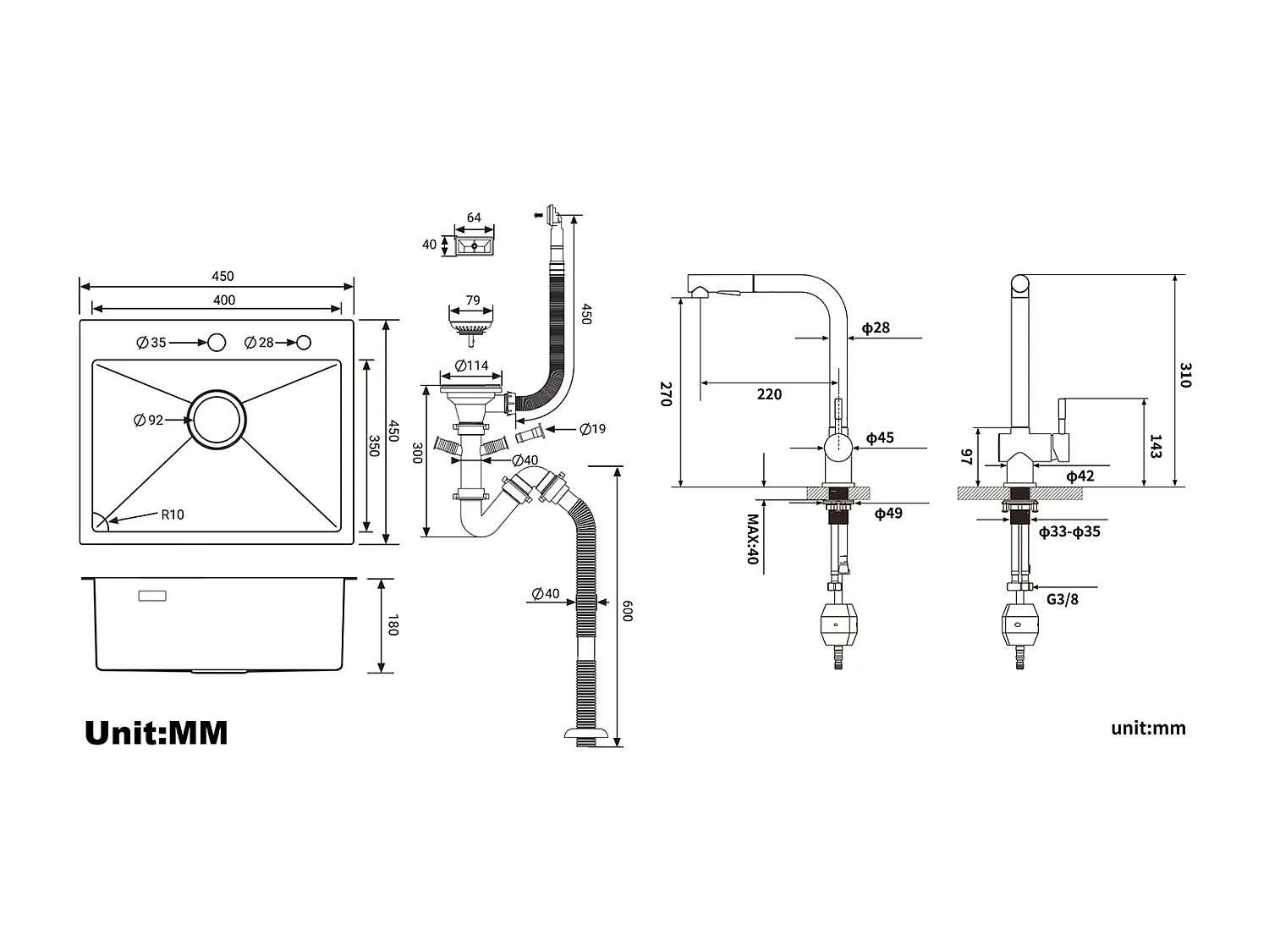 Évier Cuisine 1 Bac 45x45CM Acier Inoxydable 304 ,encastré et à Poser + Robinet de Cuisine Noir Douchette Extractible à 2 Jets