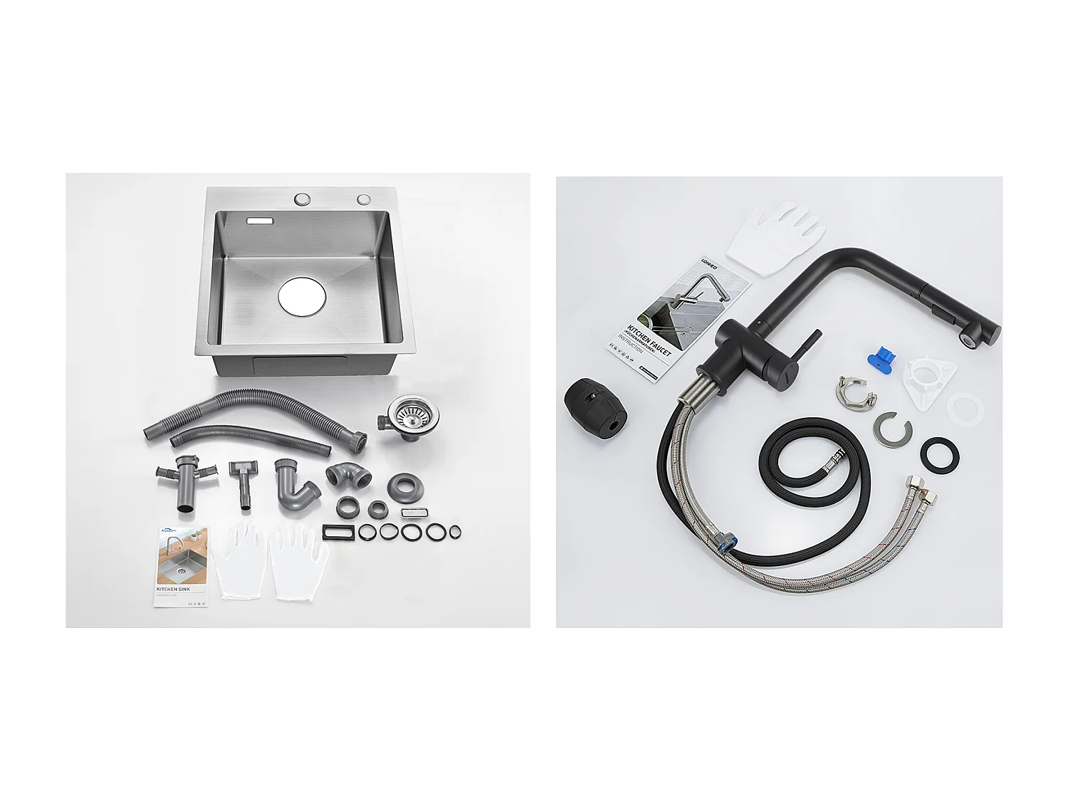 Évier Cuisine 1 Bac 45x45CM Acier Inoxydable 304 ,encastré et à Poser + Robinet de Cuisine Noir Douchette Extractible à 2 Jets