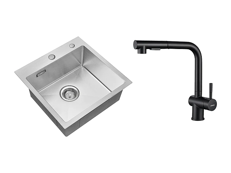 Évier Cuisine 1 Bac 45x45CM Acier Inoxydable 304 ,encastré et à Poser + Robinet de Cuisine Noir Douchette Extractible à 2 Jets