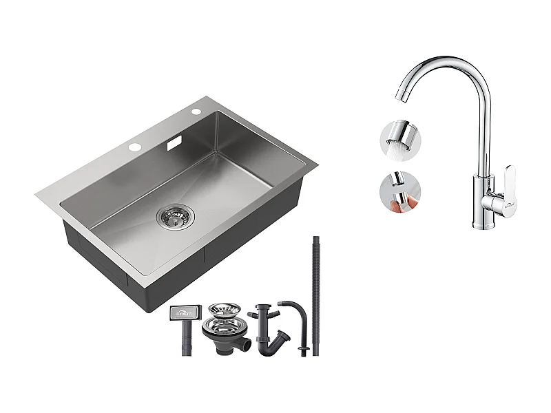 Évier Cuisine 1 Bac 45x45CM Acier Inoxydable 304 ,encastré et à Poser+Robinet Cuisine Pivotant à 360° avec Eau Chaude/Froide, Chromé,EU Modèle