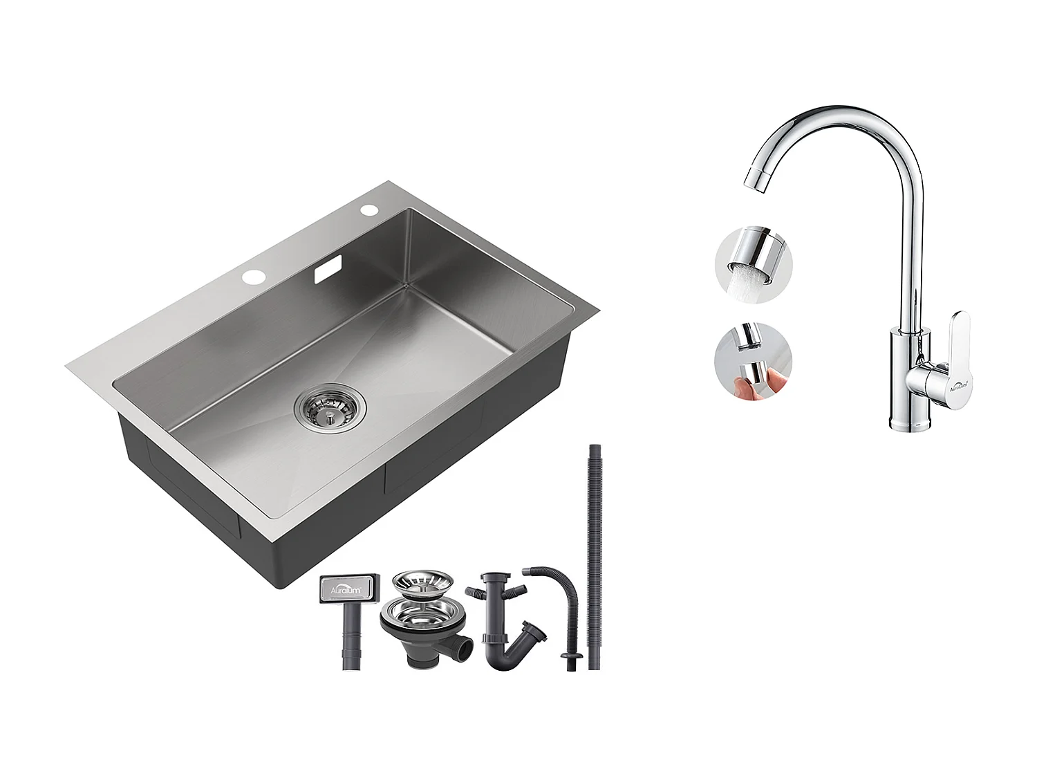 Évier Cuisine 1 Bac 45x45CM Acier Inoxydable 304 ,encastré et à Poser+Robinet Cuisine Pivotant à 360° avec Eau Chaude/Froide, Chromé,EU Modèle