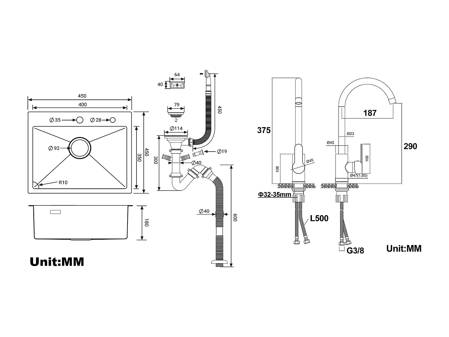 Évier Cuisine 1 Bac 45x45CM Acier Inoxydable 304 ,encastré et à Poser+Robinet Cuisine Pivotant à 360° avec Eau Chaude/Froide, Chromé,EU Modèle