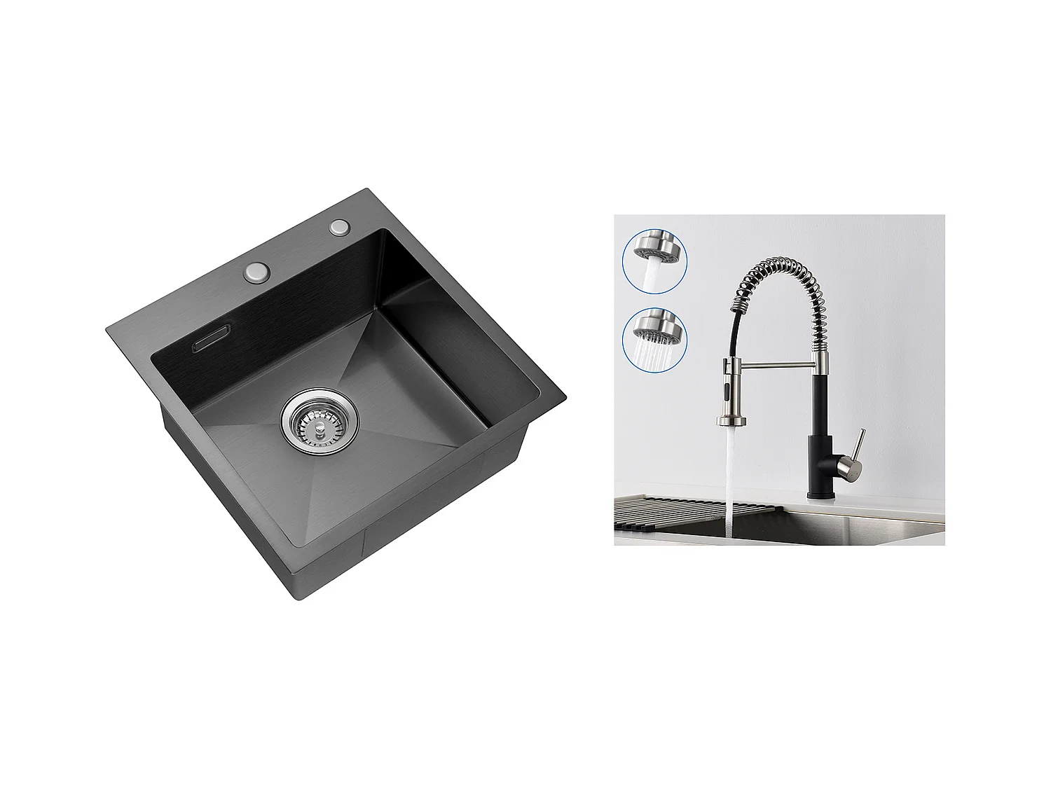 Lavello da cucina 1 vasca  45x45CM Acciaio inossidabile, incassato e da posare + Rubinetto da cucina a molla con doccetta estensibile, 2 modalità