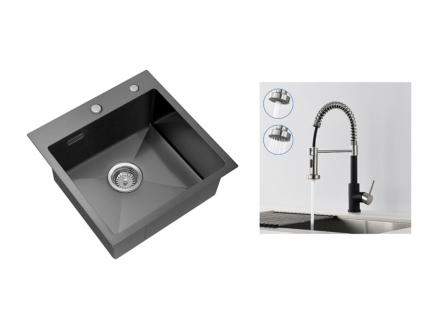 Lavello da cucina 1 vasca  45x45CM Acciaio inossidabile, incassato e da posare + Rubinetto da cucina a molla con doccetta estensibile, 2 modalità