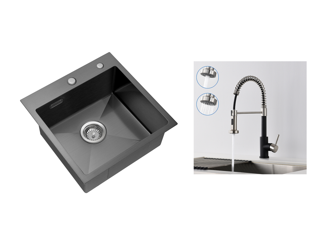 Aanrecht 1 Bak 45x45CM RVS, Inbouw en Opbouw + Veer Keukenkraan met Uitschuifbare Handdouche, 2 Modi, Pivota