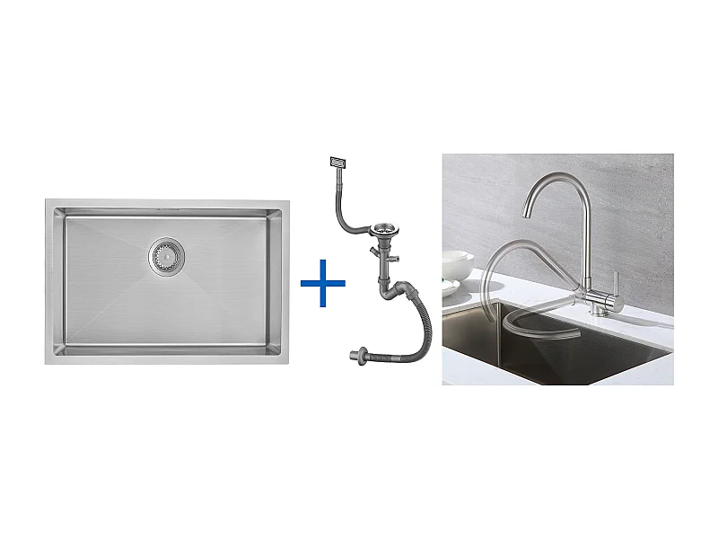 Évier Cuisine 1 Bac 70*44*19CM,à Encastrer/Fleur/Sous-Plan,avec Siphon/Trop-Plein,Brossé+Mitigeur Cuisine en Acier Inox 304 Rabattable