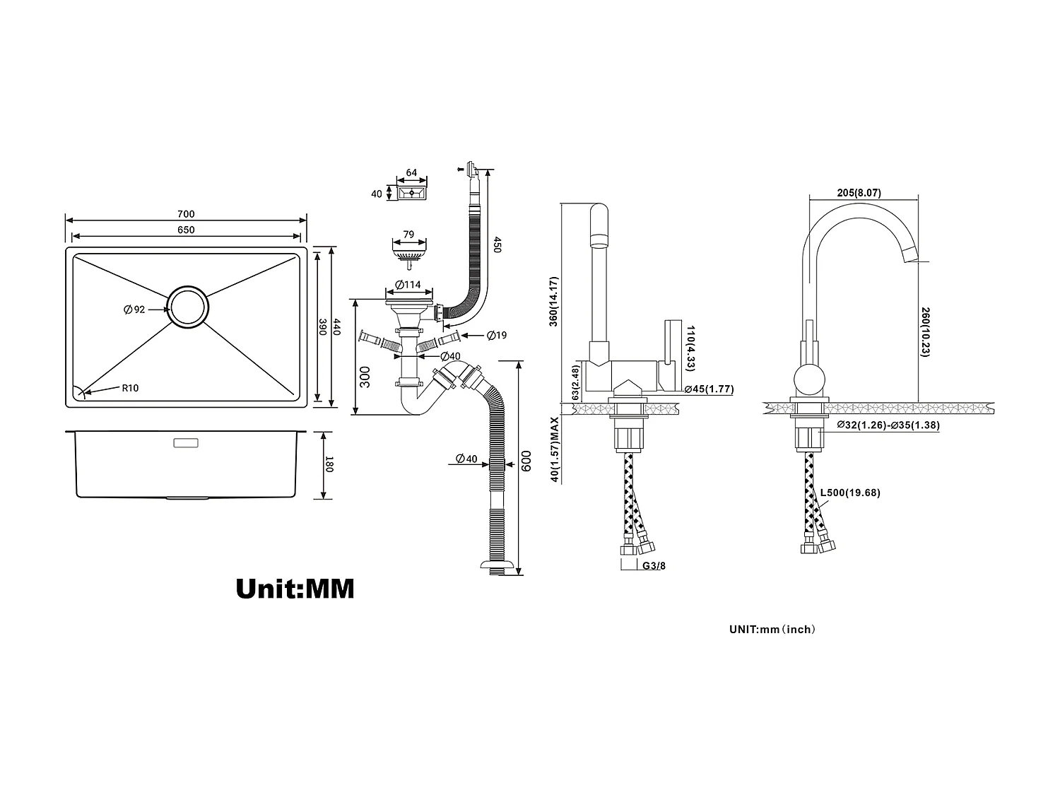 Évier Cuisine 1 Bac 70*44*19CM,à Encastrer/Fleur/Sous-Plan,avec Siphon/Trop-Plein,Brossé+Mitigeur Cuisine en Acier Inox 304 Rabattable