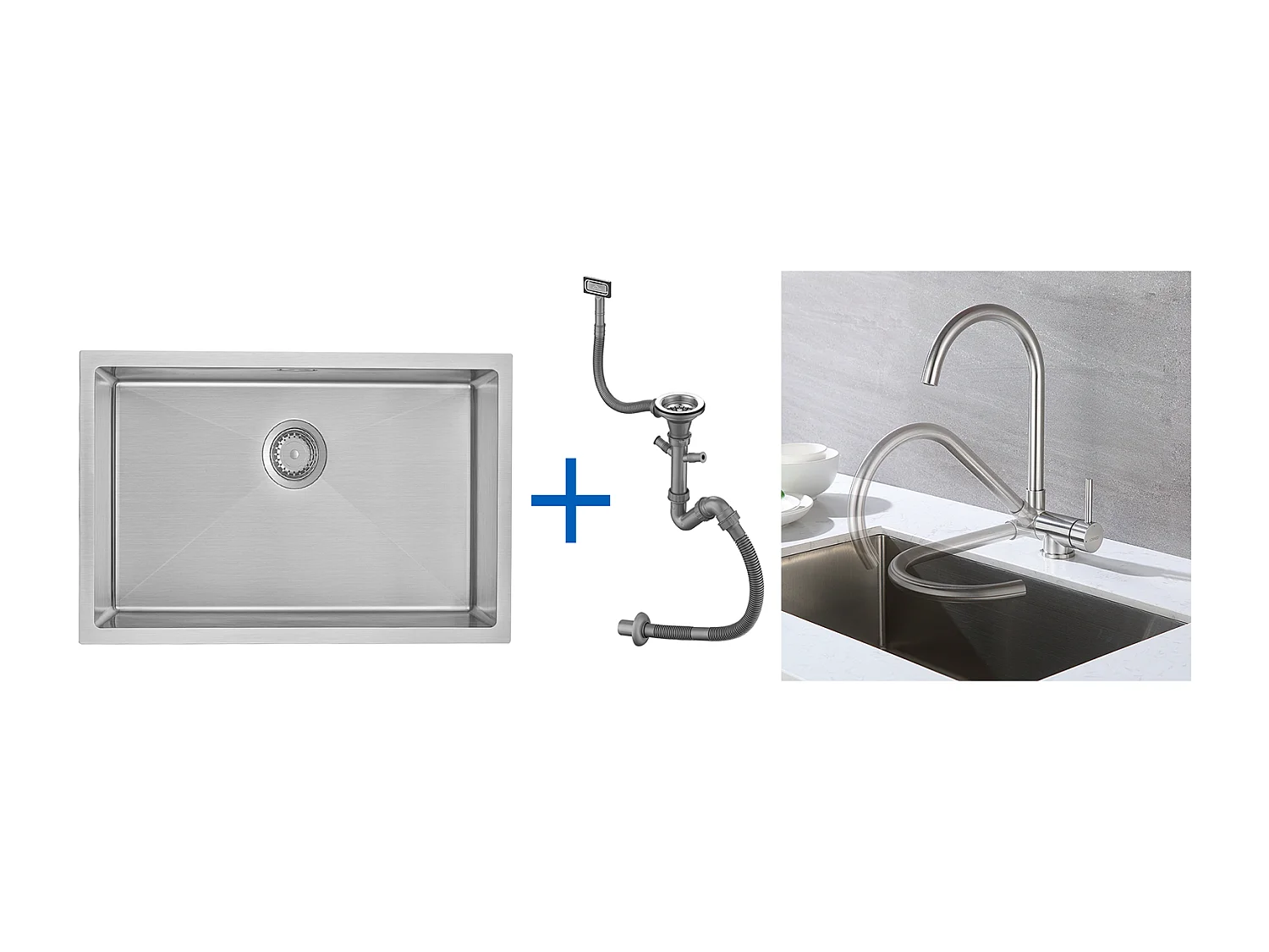 Évier Cuisine 1 Bac 70*44*19CM,à Encastrer/Fleur/Sous-Plan,avec Siphon/Trop-Plein,Brossé+Mitigeur Cuisine en Acier Inox 304 Rabattable