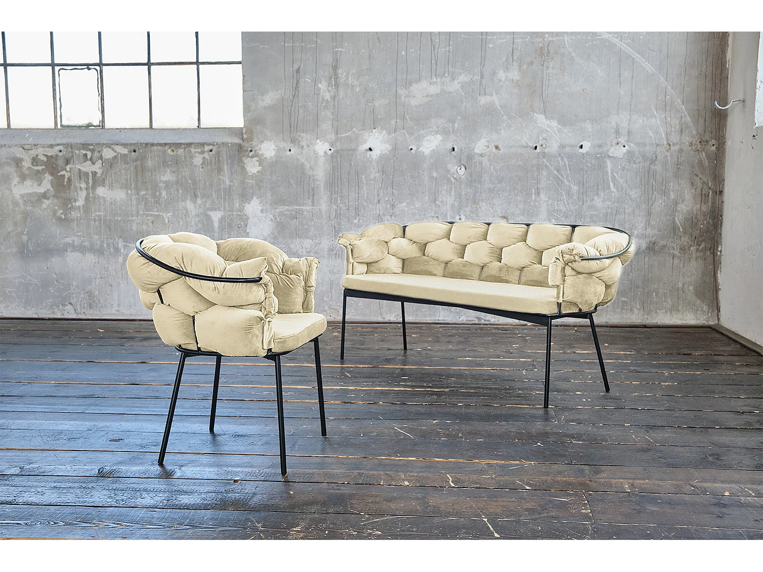 Banc rembourré - blanc Velours - MONTY