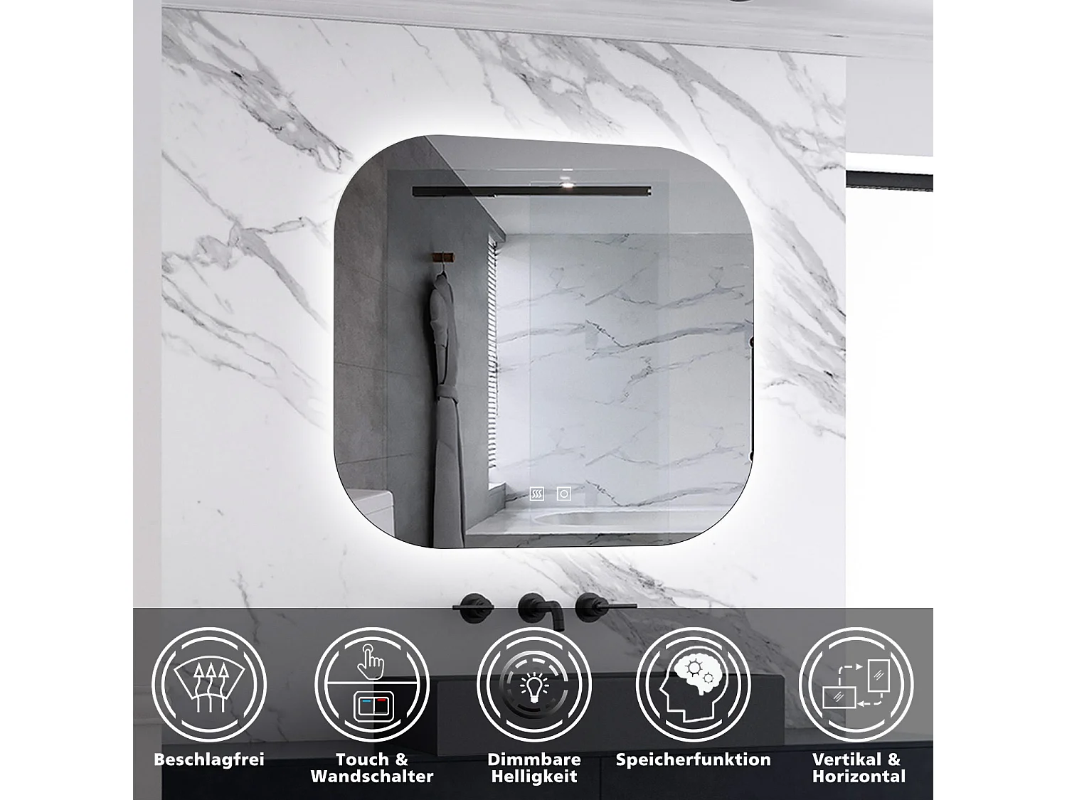 AICA LED Badspiegel 80x80cm Beschlagfrei Kaltweiß Dimmbar Memory-Funktion