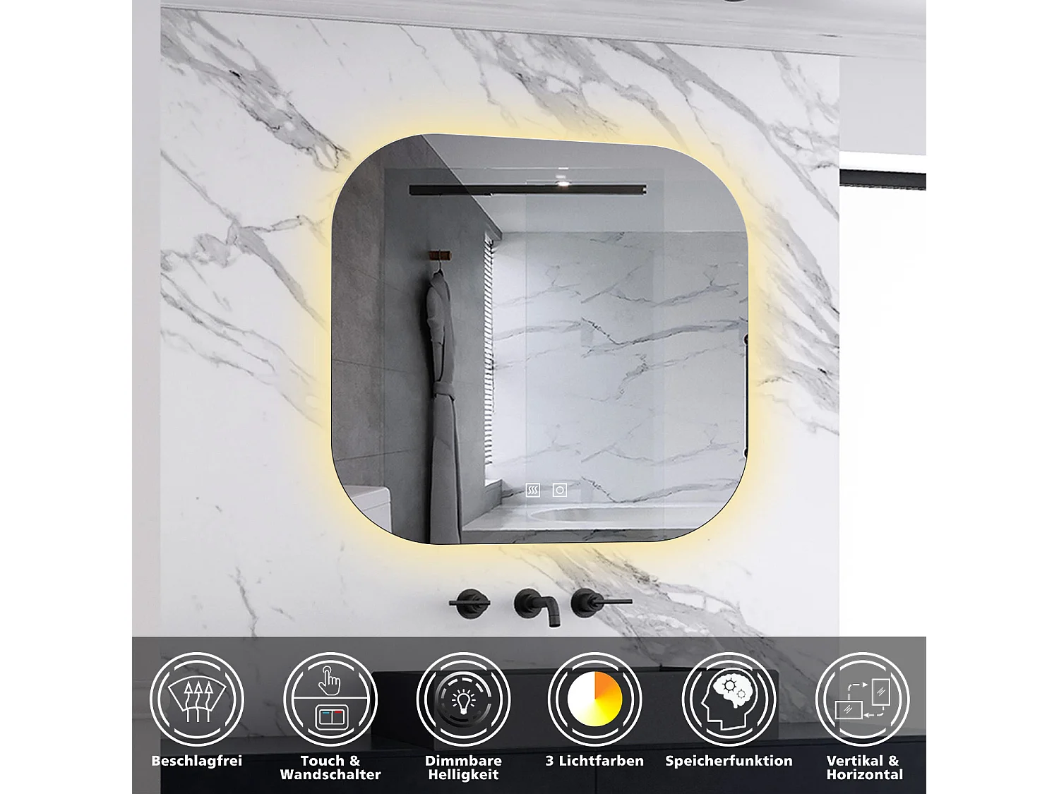 AICA LED Badspiegel 50x50cm Beschlagfrei 3 Lichtfarbe+Dimmbar Memory-Funktion