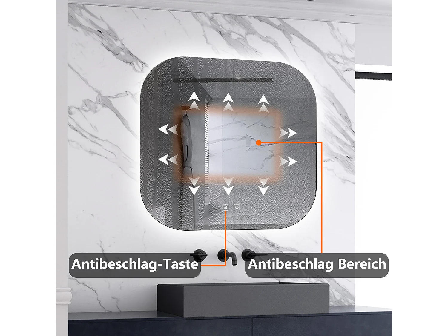 AICA LED Badspiegel 70x70cm Beschlagfrei 3 Lichtfarbe+Dimmbar Memory-Funktion