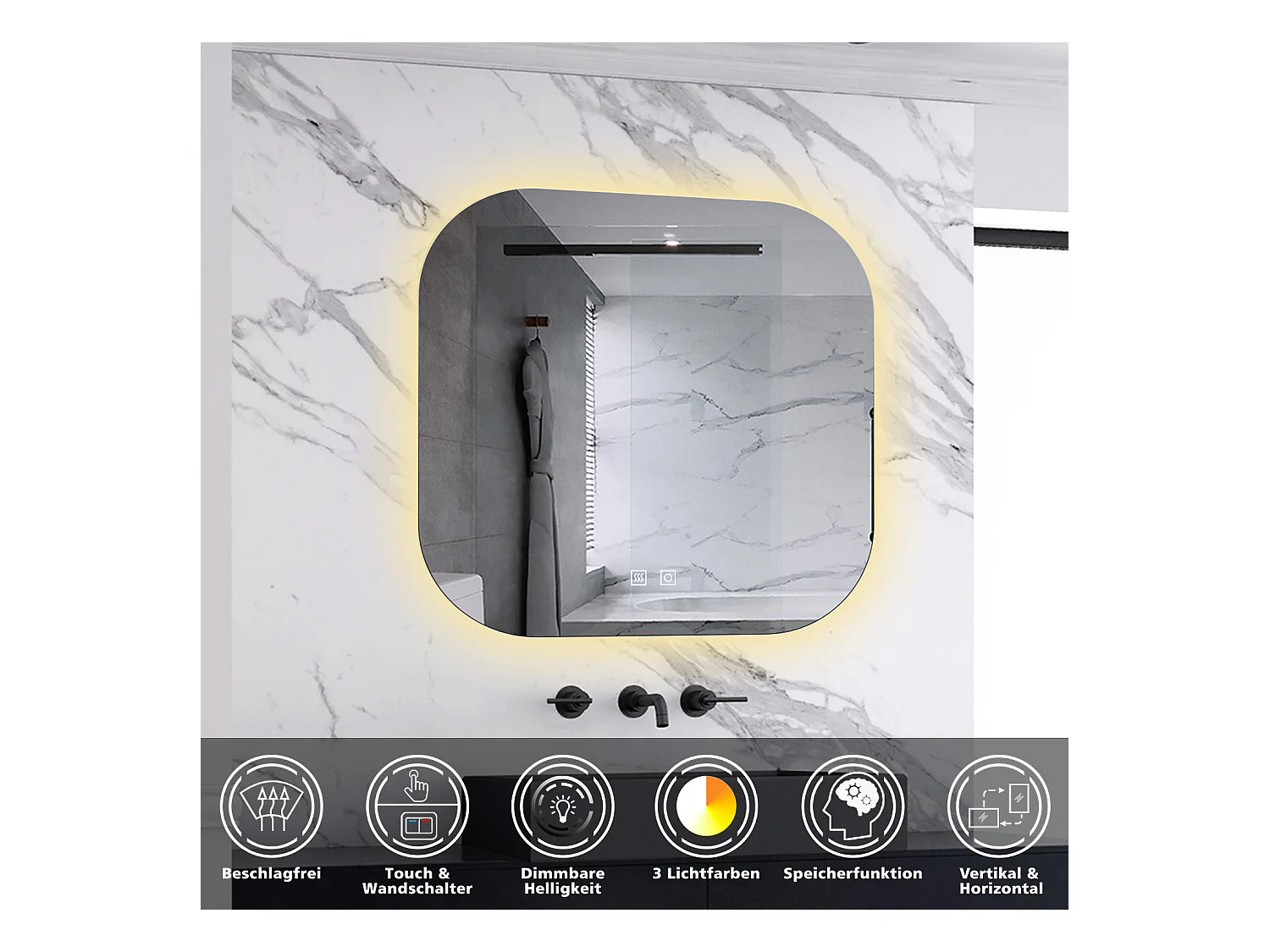 AICA LED Badspiegel 60x60cm Beschlagfrei 3 Lichtfarbe+Dimmbar Memory-Funktion