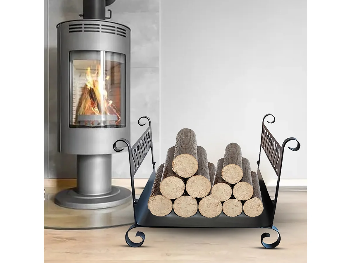 Panier à bûches de cheminée  couleur Noir , porte, range bûches en Fer forgé - 60 x 45 x Largeur 50 cm