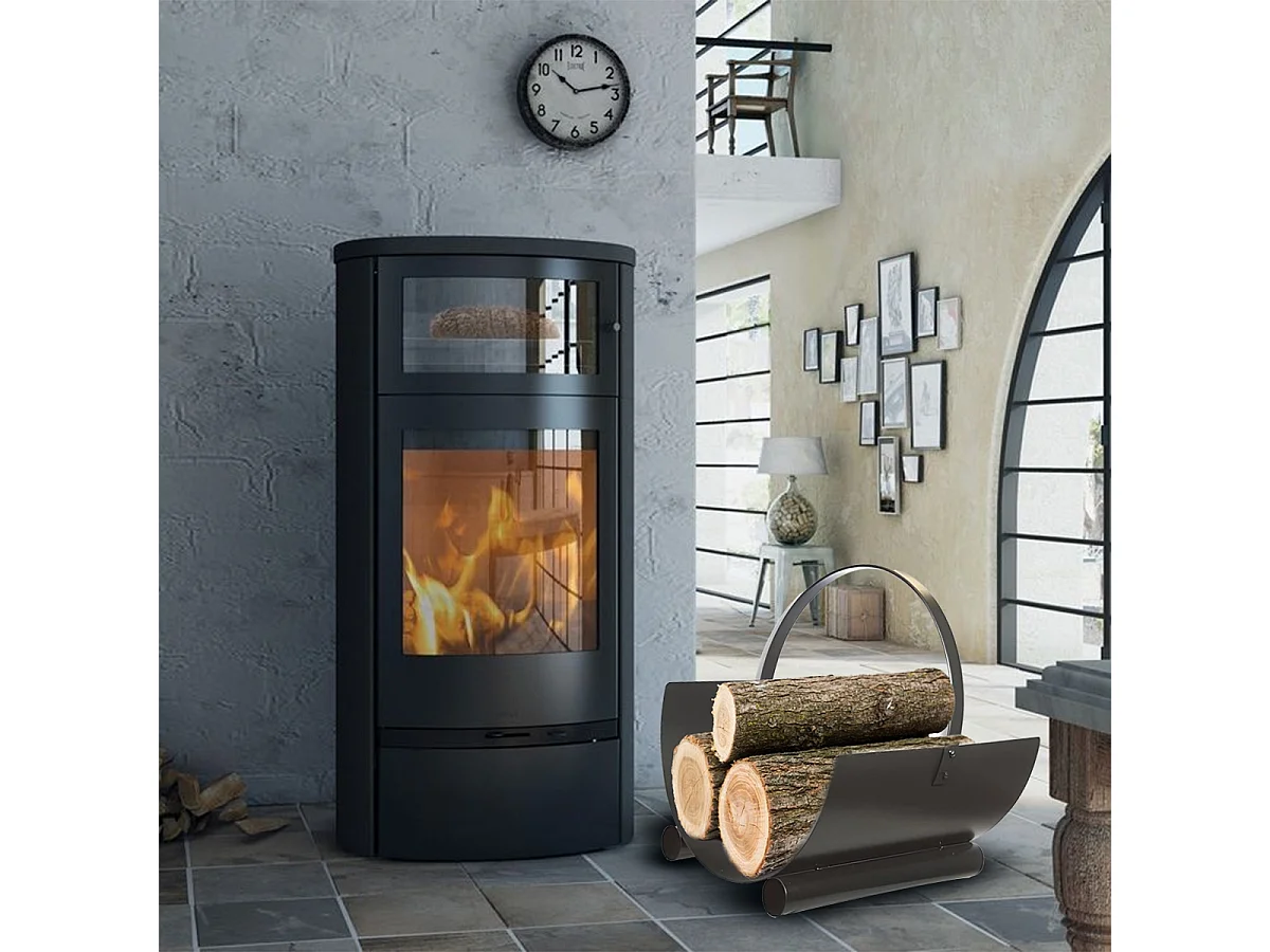 Panier à bûches de cheminée couleur Noir, porte, range bûches en Fer forgé - Hauteur 23 x Longueur 40 x Largeur 40 cm