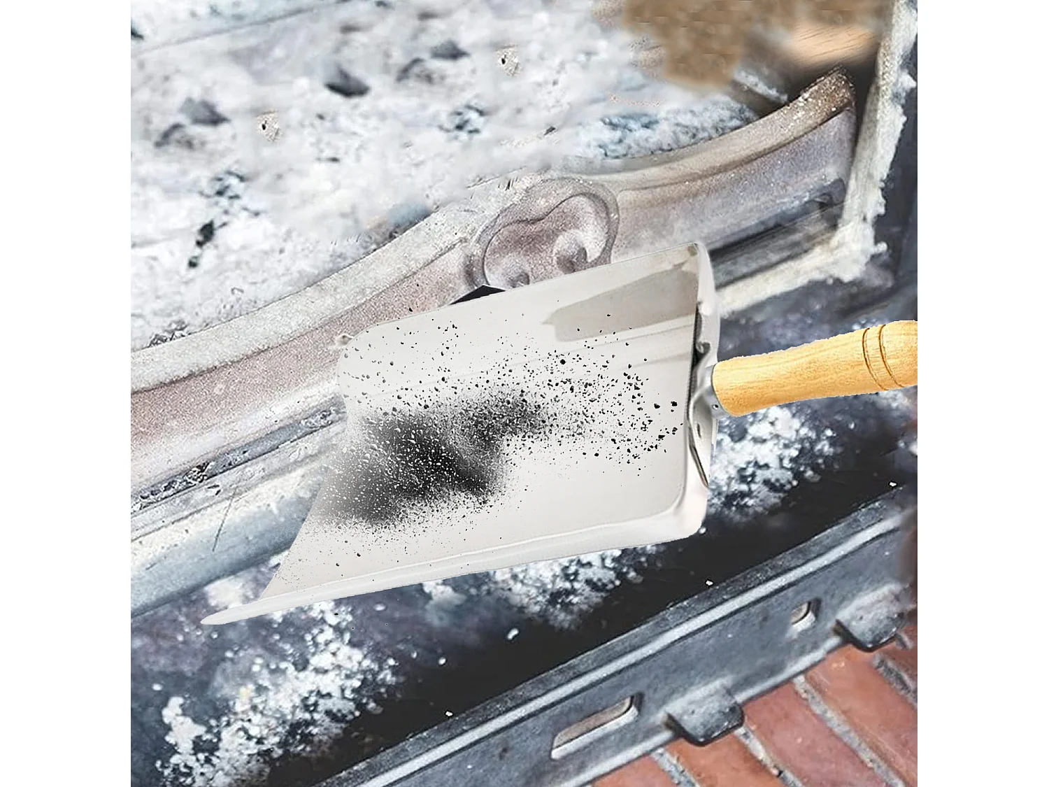 Pelle à cendre, charbon pour cheminée, Ramasse poussière en métal avec poignée en Bois couleur  Gris - 23,5 x 20 cm